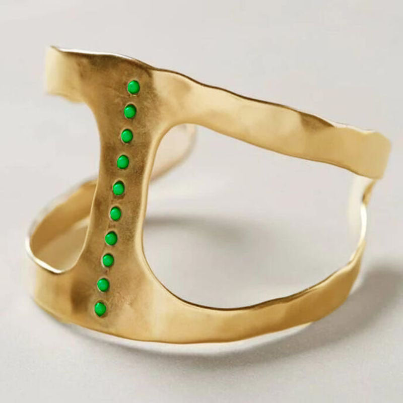 18K Gold Inlaid Emerald Zircon Geometric Open Ring