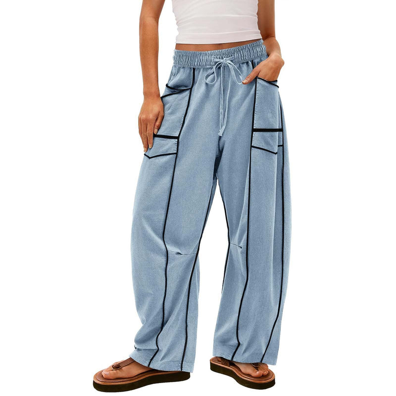 Women's Black Striped Wide-leg Pants With Pockets