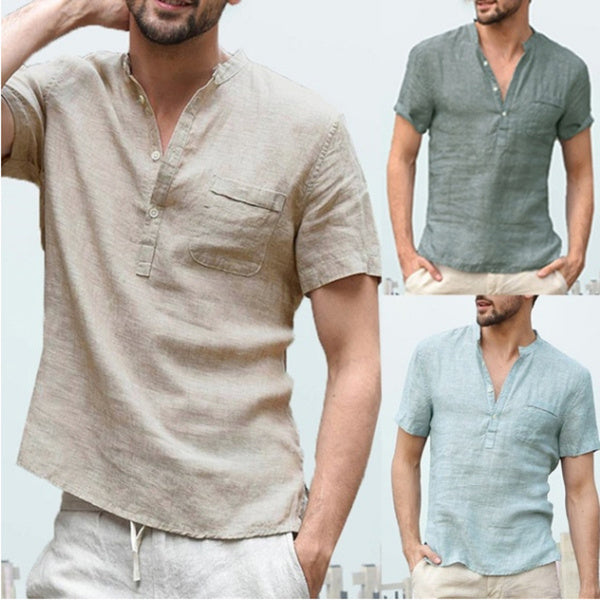 Men’s Linen Button V Neck Beach Shirt