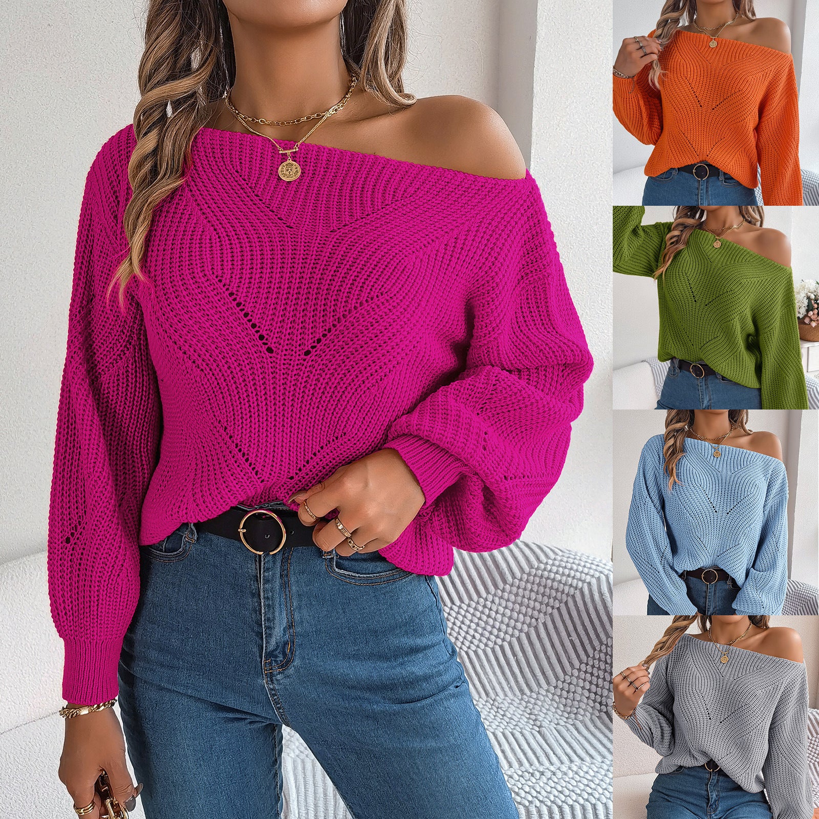 Off-the-shoulder Lantern Sleeve Sweater
