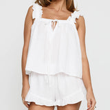 White Ruffled Two-piece Pajama Set