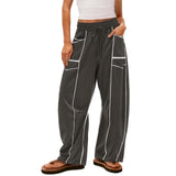 Women's Black Striped Wide-leg Pants With Pockets