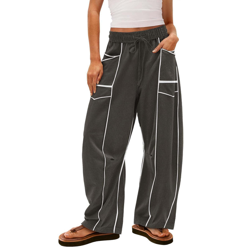 Women's Black Striped Wide-leg Pants With Pockets