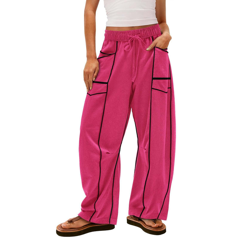Women's Black Striped Wide-leg Pants With Pockets