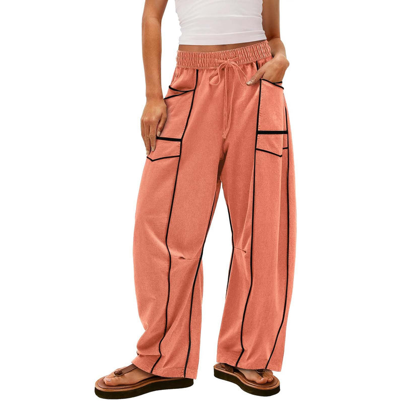 Women's Black Striped Wide-leg Pants With Pockets
