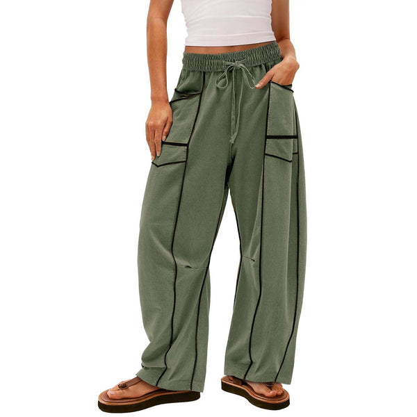 Women's Black Striped Wide-leg Pants With Pockets
