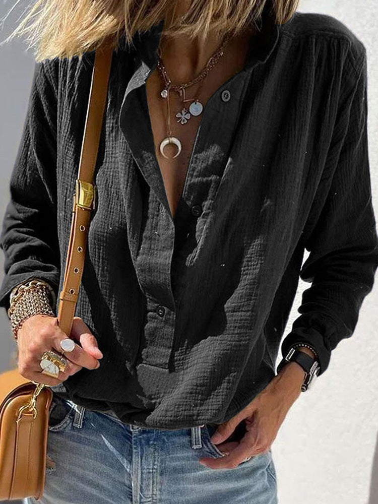 Women's Stylish Cotton And Linen Button Pullover Shirt