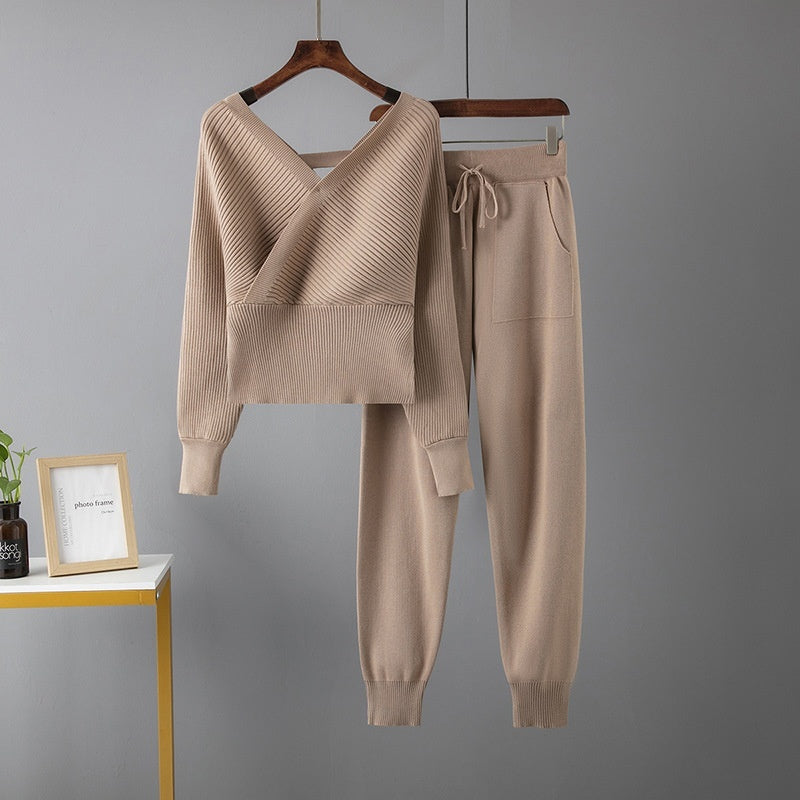 Sexy V-neck Sweater & Pants Set