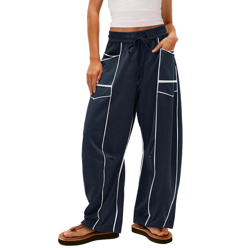 Women's Black Striped Wide-leg Pants With Pockets