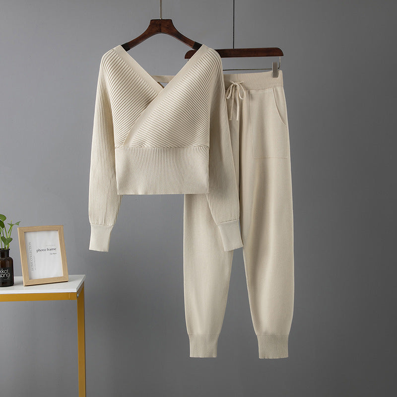 Sexy V-neck Sweater & Pants Set