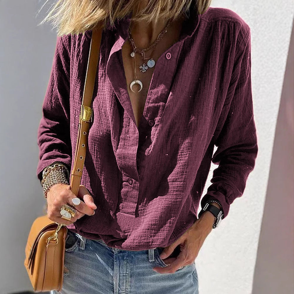 Women's Stylish Cotton And Linen Button Pullover Shirt