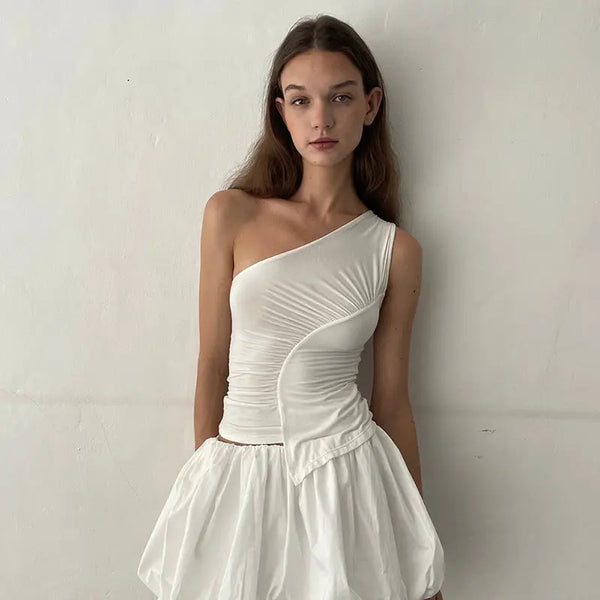 Asymmetric Solid Color Oblique Shoulder Top White S – Posh Atomic