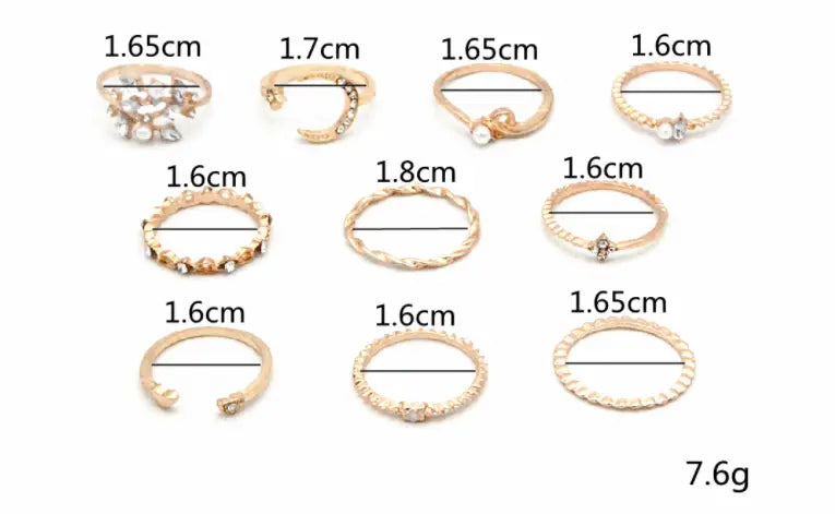 Bohemian Fashion Star Moon Love Pearl Leaf 10-Piece Ring – Posh Atomic