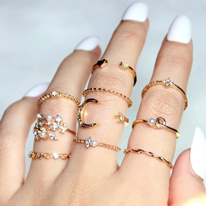 Bohemian Fashion Star Moon Love Pearl Leaf 10-Piece Ring – Posh Atomic