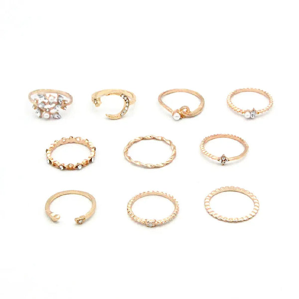 Bohemian Fashion Star Moon Love Pearl Leaf 10-Piece Ring – Posh Atomic