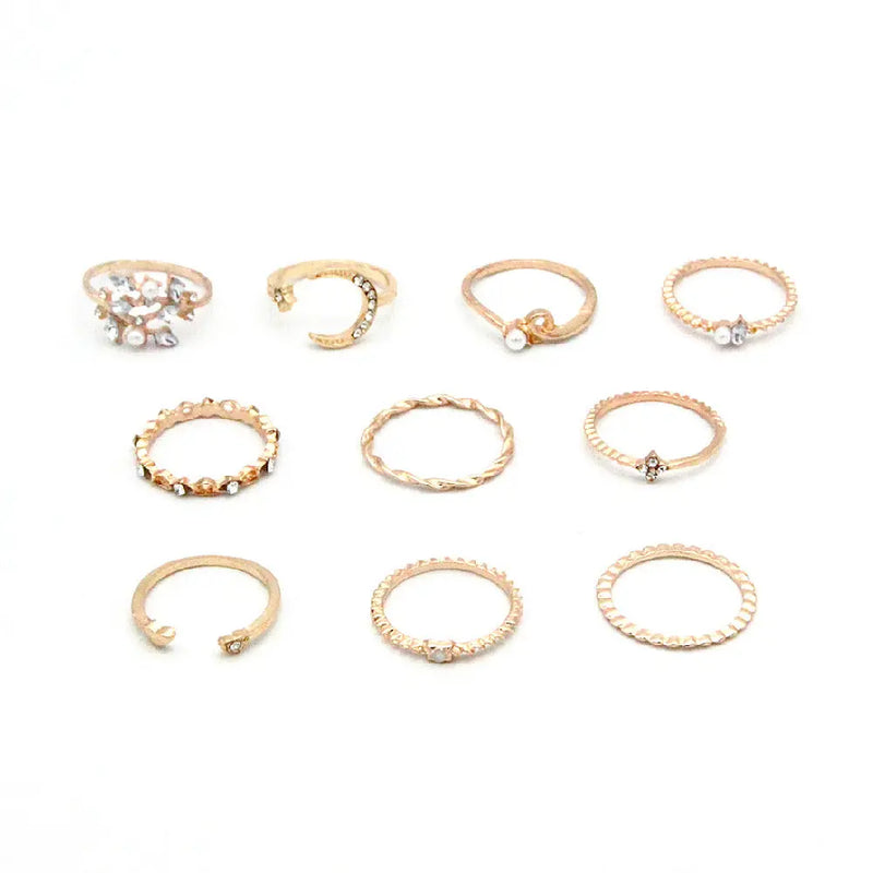 Bohemian Fashion Star Moon Love Pearl Leaf 10-Piece Ring – Posh Atomic