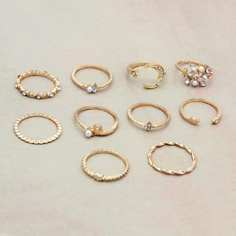 Bohemian Fashion Star Moon Love Pearl Leaf 10-Piece Ring – Posh Atomic