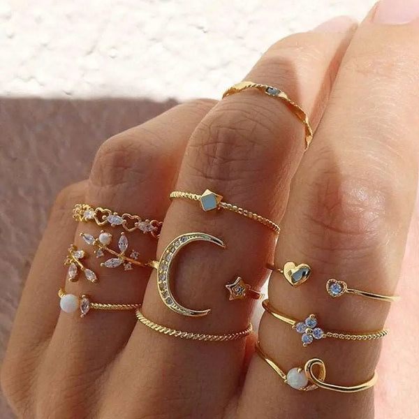 Bohemian Fashion Star Moon Love Pearl Leaf 10-Piece Ring Gold One size – Posh Atomic