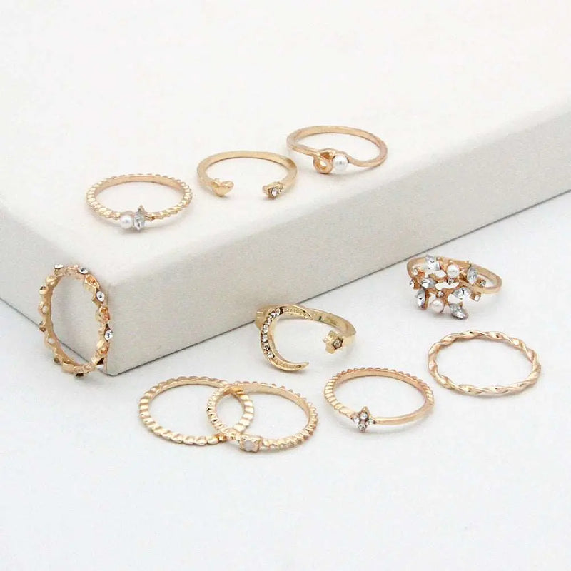 Bohemian Fashion Star Moon Love Pearl Leaf 10-Piece Ring – Posh Atomic
