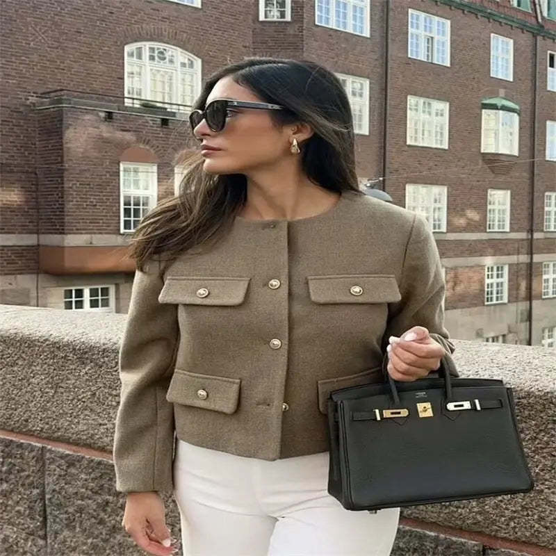 Classic Style Fashion Button Decoration Short Jacket Olive L – Posh Atomic