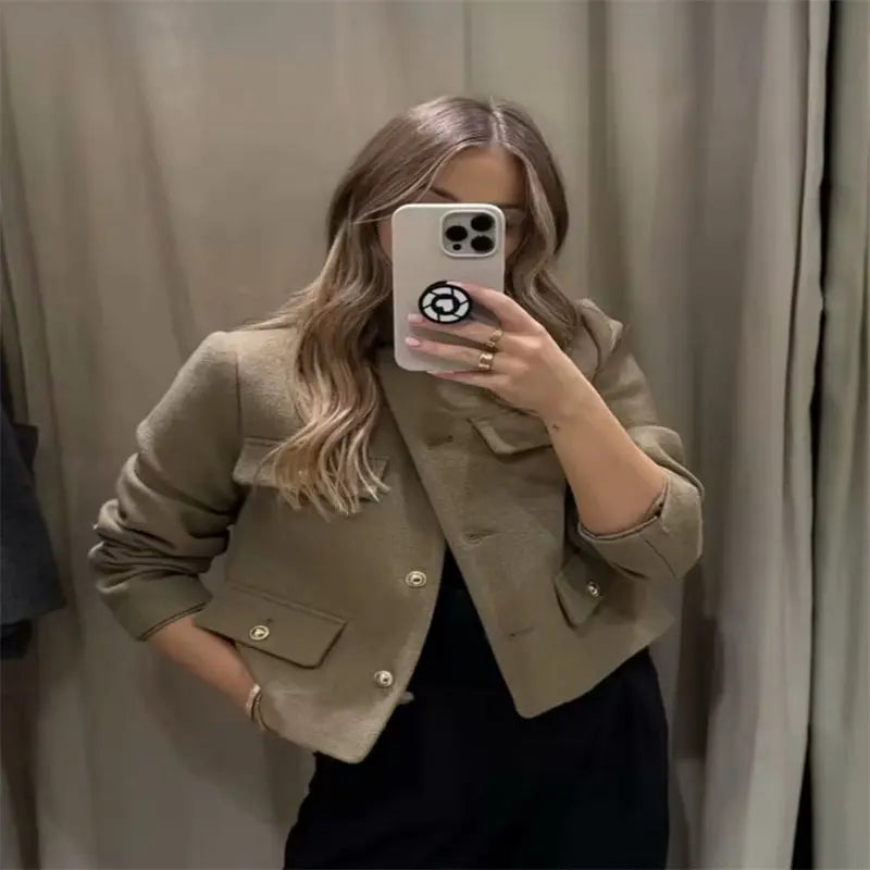 Classic Style Fashion Button Decoration Short Jacket Khaki S – Posh Atomic