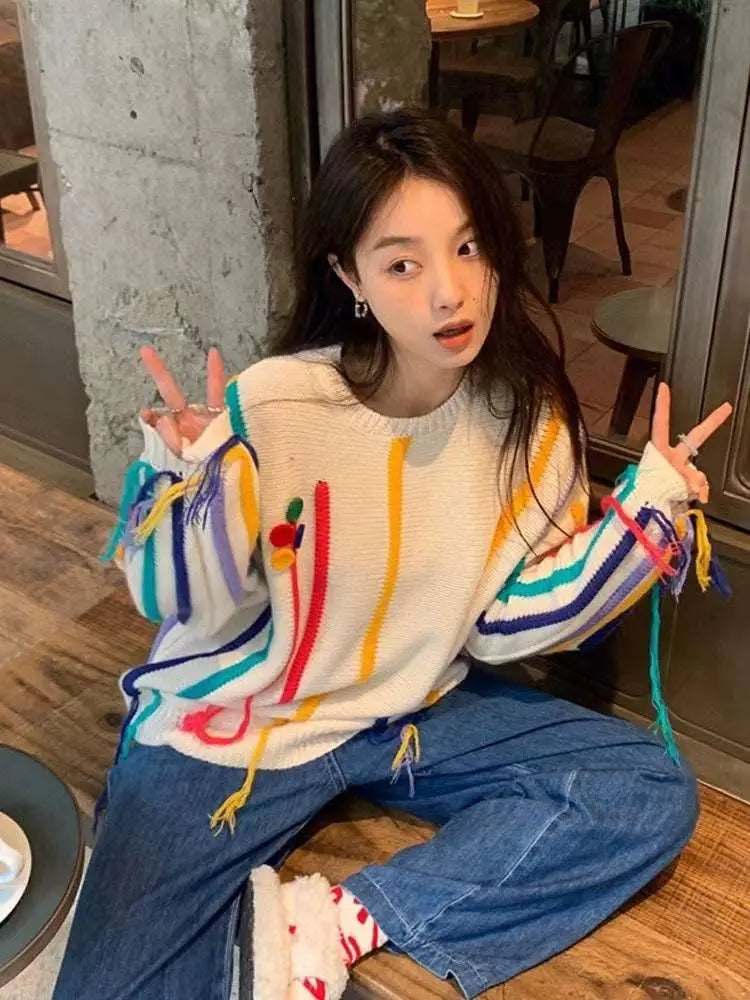 Colorful Striped Fringed Sweater – Posh Atomic