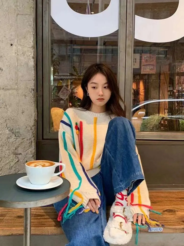 Colorful Striped Fringed Sweater – Posh Atomic