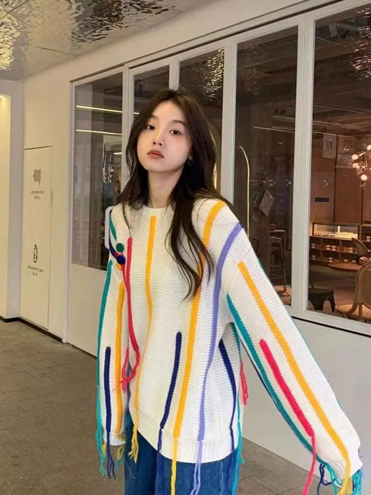 Colorful Striped Fringed Sweater – Posh Atomic