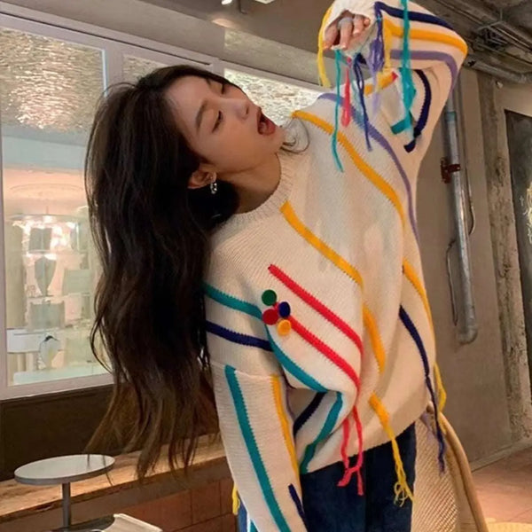 Colorful Striped Fringed Sweater Picture Color S – Posh Atomic