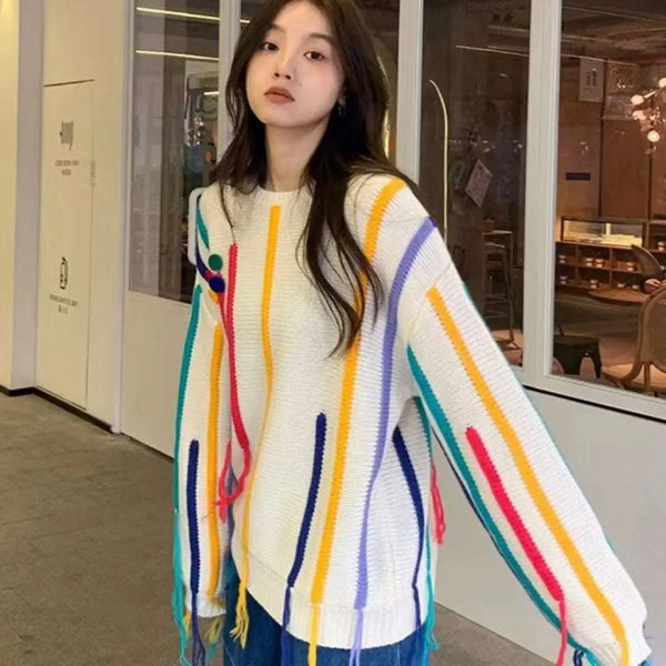 Colorful Striped Fringed Sweater Picture Color M – Posh Atomic