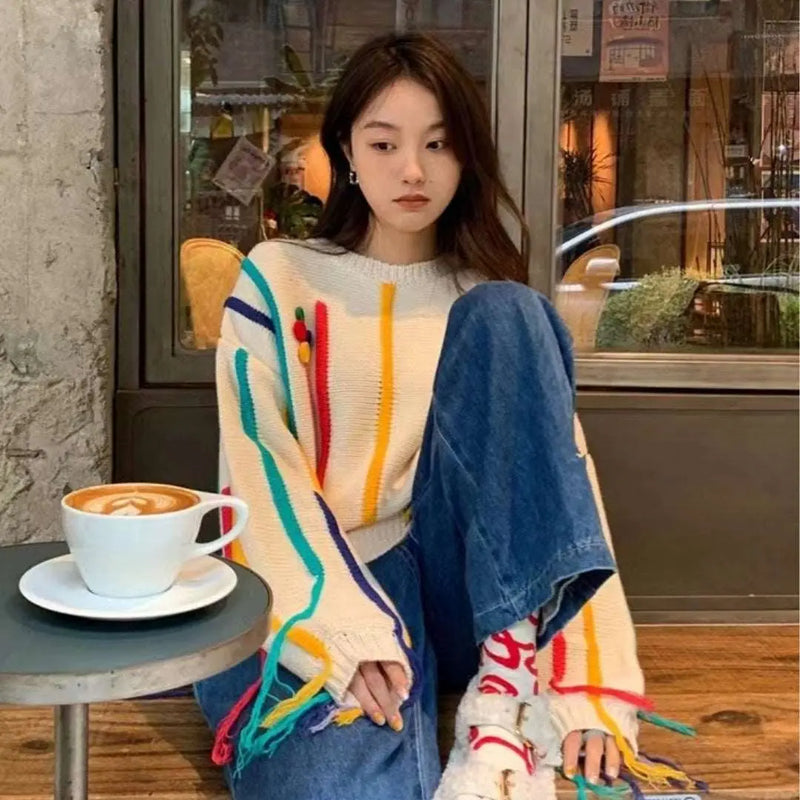 Colorful Striped Fringed Sweater Picture Color XL – Posh Atomic
