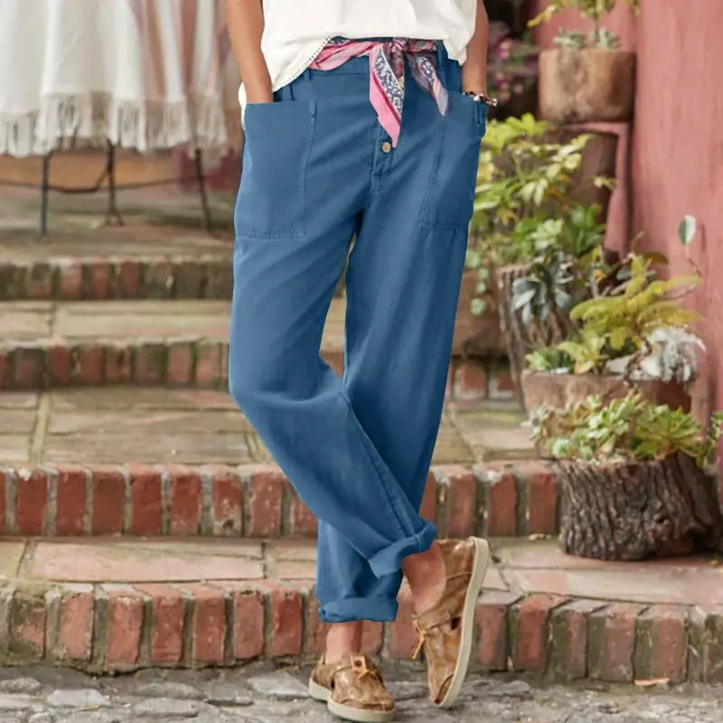 Cotton Linen Loose Casual Women's Pants Blue L – Posh Atomic