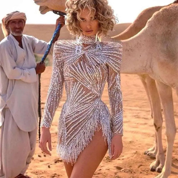 Dazzling Long Sleeve Turtleneck Gold Tassel Split Dress Silver S – Posh Atomic