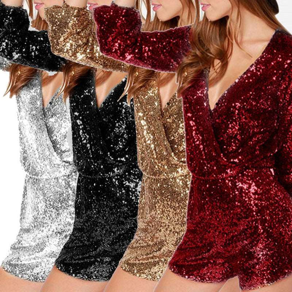 Deep V Waist-controlled Sheath Sexy Sequined Jumpsuit Gold M – Posh Atomic