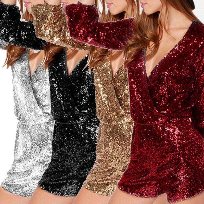 Deep V Waist-controlled Sheath Sexy Sequined Jumpsuit Gold M – Posh Atomic