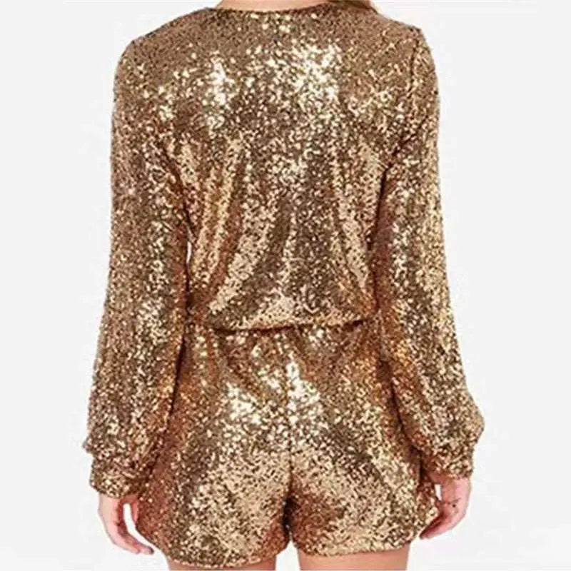 Deep V Waist-controlled Sheath Sexy Sequined Jumpsuit Gold XL – Posh Atomic