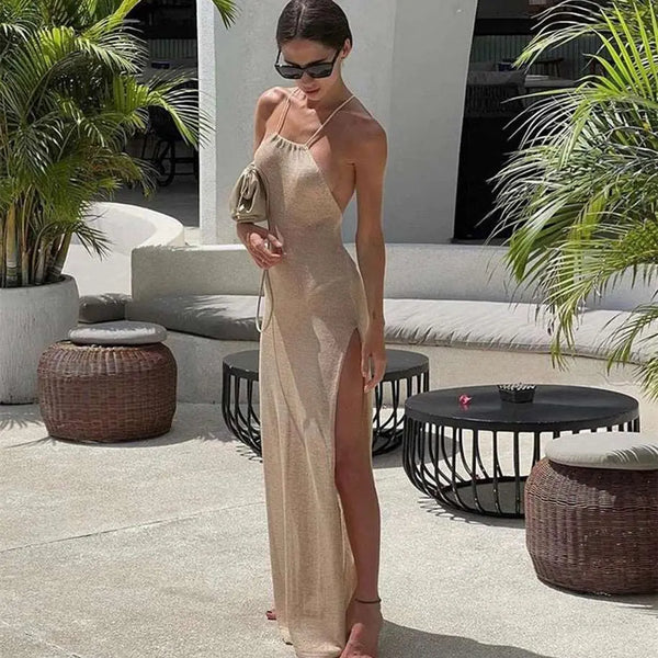 Double-sided High Slit Sling Beautiful Back Knitted Dress Beige S – Posh Atomic