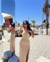 Double-sided High Slit Sling Beautiful Back Knitted Dress White L – Posh Atomic