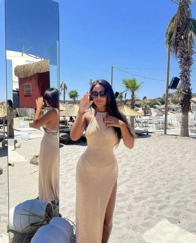 Double-sided High Slit Sling Beautiful Back Knitted Dress Beige L – Posh Atomic