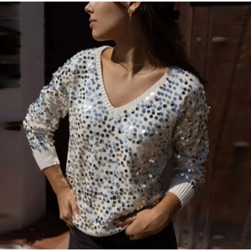 Fashion Colorblock Sequined Pullover Sweater DW0043 White S – Posh Atomic