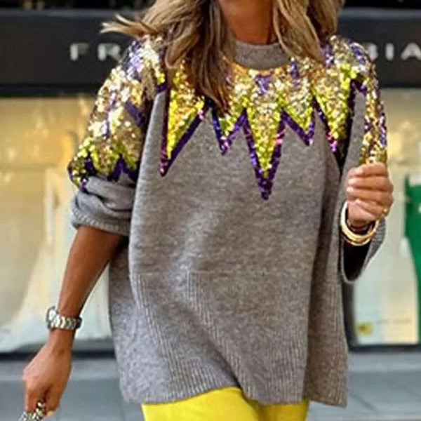 Fashion Colorblock Sequined Pullover Sweater Gray S – Posh Atomic