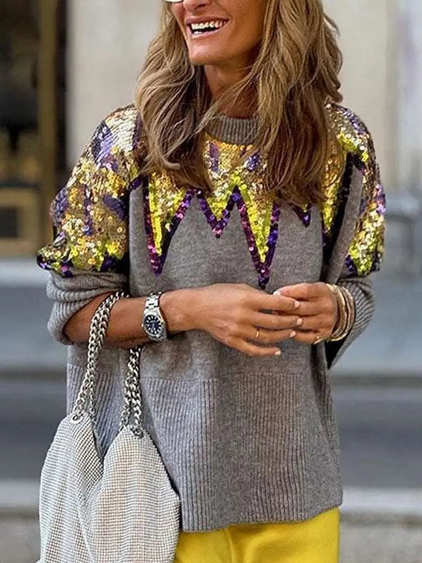 Fashion Colorblock Sequined Pullover Sweater Gray M – Posh Atomic