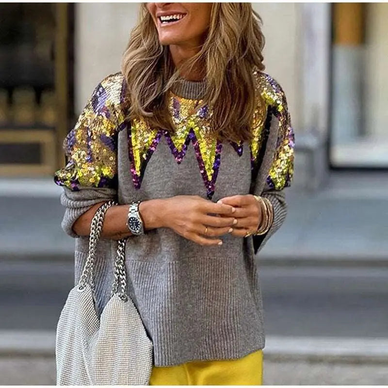 Fashion Colorblock Sequined Pullover Sweater – Posh Atomic
