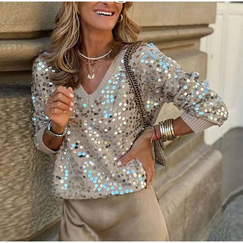 Fashion Colorblock Sequined Pullover Sweater Gray L – Posh Atomic