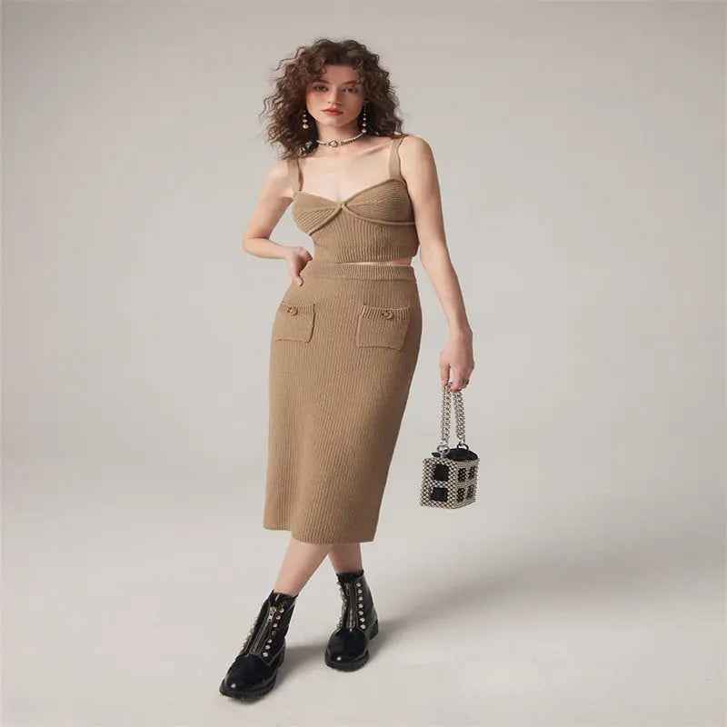 French Knit Three-piece Suit Set: Cardigan, Halter, Skirt Cardigan S – Posh Atomic