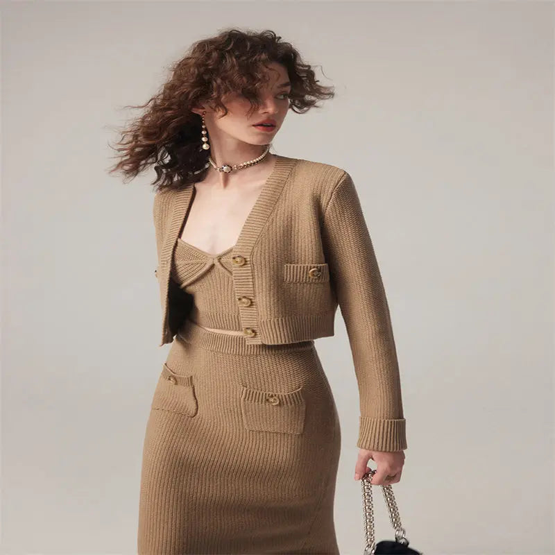 French Knit Three-piece Suit Set: Cardigan, Halter, Skirt Sling M – Posh Atomic