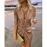 Gold V-neck Pleated Long Sleeve Dress Wine Red L – Posh Atomic