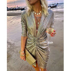 Gold V-neck Pleated Long Sleeve Dress Gold L – Posh Atomic