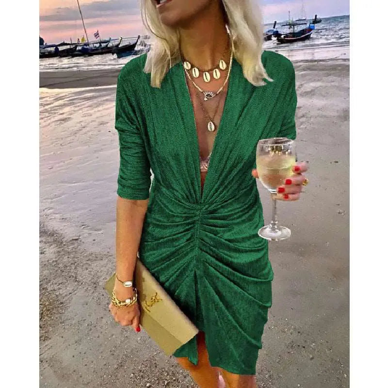 Gold V-neck Pleated Long Sleeve Dress Green S – Posh Atomic