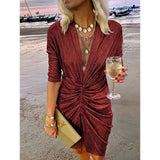 Gold V-neck Pleated Long Sleeve Dress Gold S – Posh Atomic